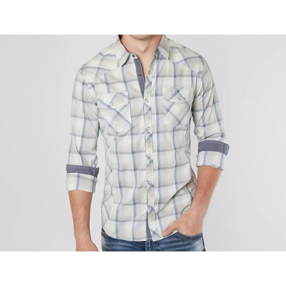 BKE Pearl Snap Shirt Long Sleeve Plaid Tailored Mint Navy Check B2512 Mens Large - Picture 1 of 10